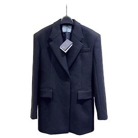 Prada Schwarzer Wollmantel mit Dreieck Logo Andere