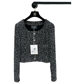 Giacca Chanel in Tweed Bianco e Nero Girocollo Taglia 34 Altro
