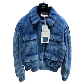 Veste Chanel en velours côtelé bleu à rayures et sequins Autre
