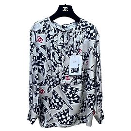 Top Chanel de seda estampado racing xadrez preto e branco Outro