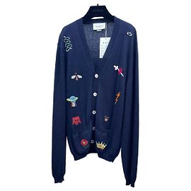 Gucci Navy Wool Cardigan with Embroidered Pattern Other