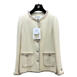 Chanel Tweed Jacke Ecru mit Paillettenbesatz Größe 38 Andere