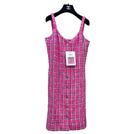 Vestido Chanel de tweed rosa xadrez com alças Outro