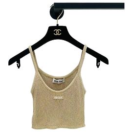 Miu Miu Strick-Camisole Beige mit Buchstabenprint Andere