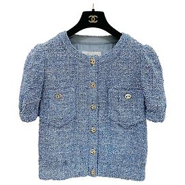 Veste courte Chanel en tweed bleu à manches bouffantes Autre