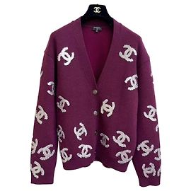 Cardigã Chanel de lã borgonha com logótipo prateado Outro