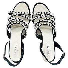 Chanel Leather Sandals with Pearl Ankle Strap High Heels Other