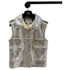 Chanel Weste Silber Leder mit Pelz Andere