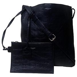 Autre Marque Saint Laurent Borsa Tote in Pelle Goffrata Coccodrillo Nera e Pochette Nero