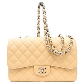 Bolsa de Ombro Chanel Beige Caviar Single Flap Bege