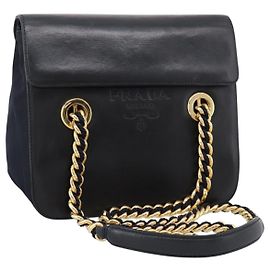 PRADA Bolsa de Ombro com Corrente em Couro Preto Tom Dourado B4099 Outro