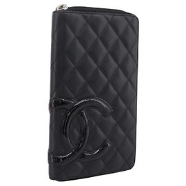 CHANEL Matelasse Cambon Line Long Wallet Leather Black Silver CC Altro