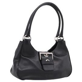 Bolsa de Ombro PRADA em Couro Preta Prata Outro