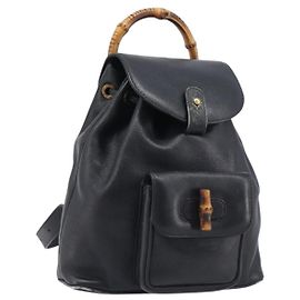 GUCCI Bamboo Backpack Leather Black Gold Tone 003 2034 0030 Other