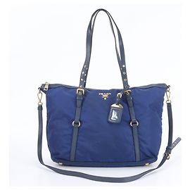 Bolsa de Ombro 2-Way Prada em Nylon Tessuto e Couro Azul