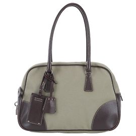 Saco Tote Prada em tela e couro com logótipo Triangle Marrom Verde Caqui