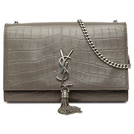 Autre Marque Saint Laurent Gray Medium Croc Embossed Leather Monogram Kate Tassel Crossbody Marrom