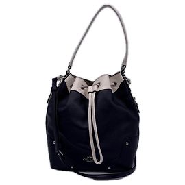 Bolsa de Ombro COACH Leather Mickey Drawstring Spectator Preto Branco