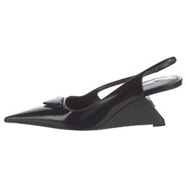 Prada Black Patent Leather Slingback Wedge Pumps Black