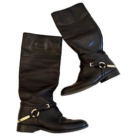 Dior Botas Altas em Couro Preto com Fivela Dourada Preto