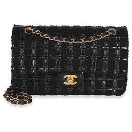 Bolsa Chanel Medium Classic Double Flap em tweed preto e couro patenteado trançado Preto