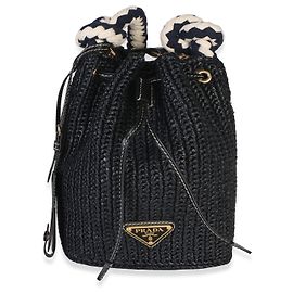 Prada Black Yarn Raffia Effect Crochet Mini Drawstring Bucket Bag Black
