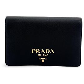Prada Flap Card Case on Chain Saffiano Leather Black