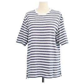 T-shirt girocollo a righe in cotone e lino blu e bianco Loro Piana Bianco Blu