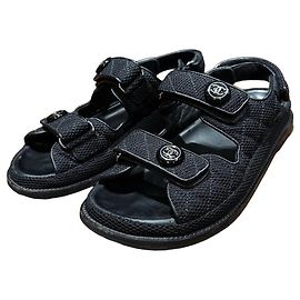Chanel CC Logo Black Fabric Sandals Black