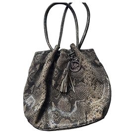 Michael Kors bucket bag in iridescent python-effect leather with MK pompom charm Brown Dark grey