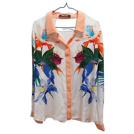Camisa Roberto Cavalli de seda con estampado de loros y flores Rosa Blanco Azul Verde Naranja