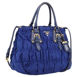 PRADA Gathered Hand Bag Nylon 2way Blue Gold Other