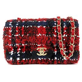 Chanel Red Mini Rectangular Classic Tweed Plaid Single Flap Rot