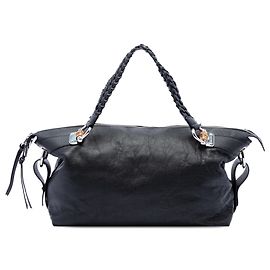Tote Gucci Large em couro de bezerro granulado preto com alça Bamboo Bar Preto