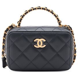 Chanel Blue Mini CC Quilted Lambskin Vanity Case mit Griff und Kette Blau Marineblau