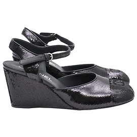 Chanel Black Sequin Wedge Pumps in Black Leather Black