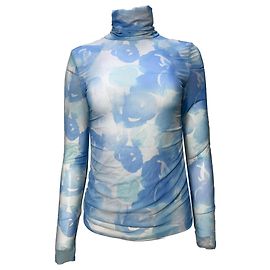 Ganni Printed Turtleneck Long Sleeve Mesh Top in Light Blue Polyamide Blue Light blue