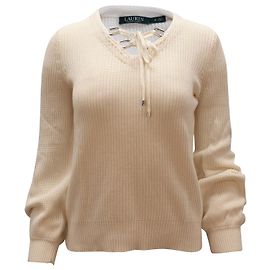 Autre Marque Ralph Lauren Valayna V-Ausschnitt-Pullover mit Schnürung aus elfenbeinfarbener Baumwolle Weiß Roh