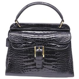 mala de pega superior Gucci com aba dupla em pele de crocodilo preta Preto