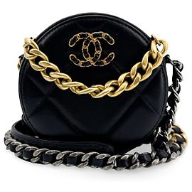 Chanel 19 Round Clutch with Chain Quilted Leather Black
