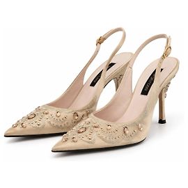 Sergio Rossi Crystal Embellished Beige Satin Slingback Heels Beige