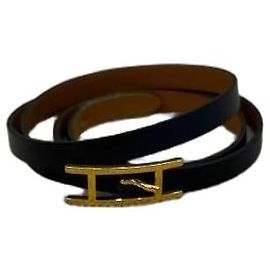 Hermès Bracelet Small Double Tour Cuir Noir et Doré Noir Doré