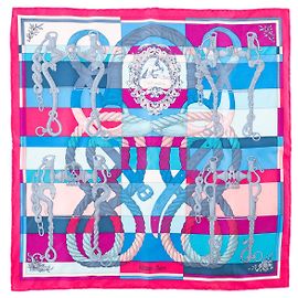 HERMÈS - Gavroche 45 Belle Cavalerie Hermès em seda rosa e azul Rosa