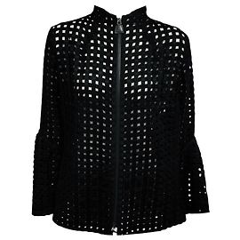 Giacca Akris in lana nera ricamata a griglia con zip frontale Nero