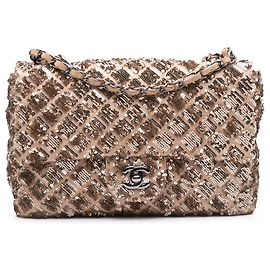 Sac à épaule Chanel CC matelassé en satin beige avec sequins Beige