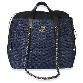 Chanel Navy Blue Raffia CC Expandable Shopping Tote Blue