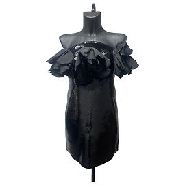Autre Marque Saint Laurent Black Sequined Strapless Mini Dress with Voluminous Ruffles Other