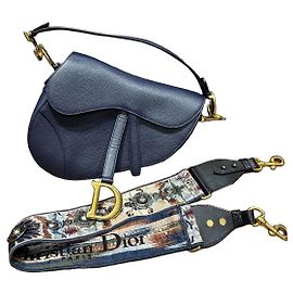 Christian Dior Navy Blue Leather Saddle Bag with Embroidered Strap Blue Dark blue