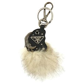 PRADA Triangle Log Saffiano Leather Fur Bag Charm Key Charm Beige Beige