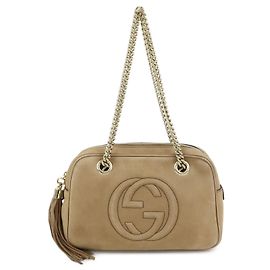 GUCCI SOHO Bolsa de Ombro de Couro com Corrente Interlocking G Biege 308983 Bege